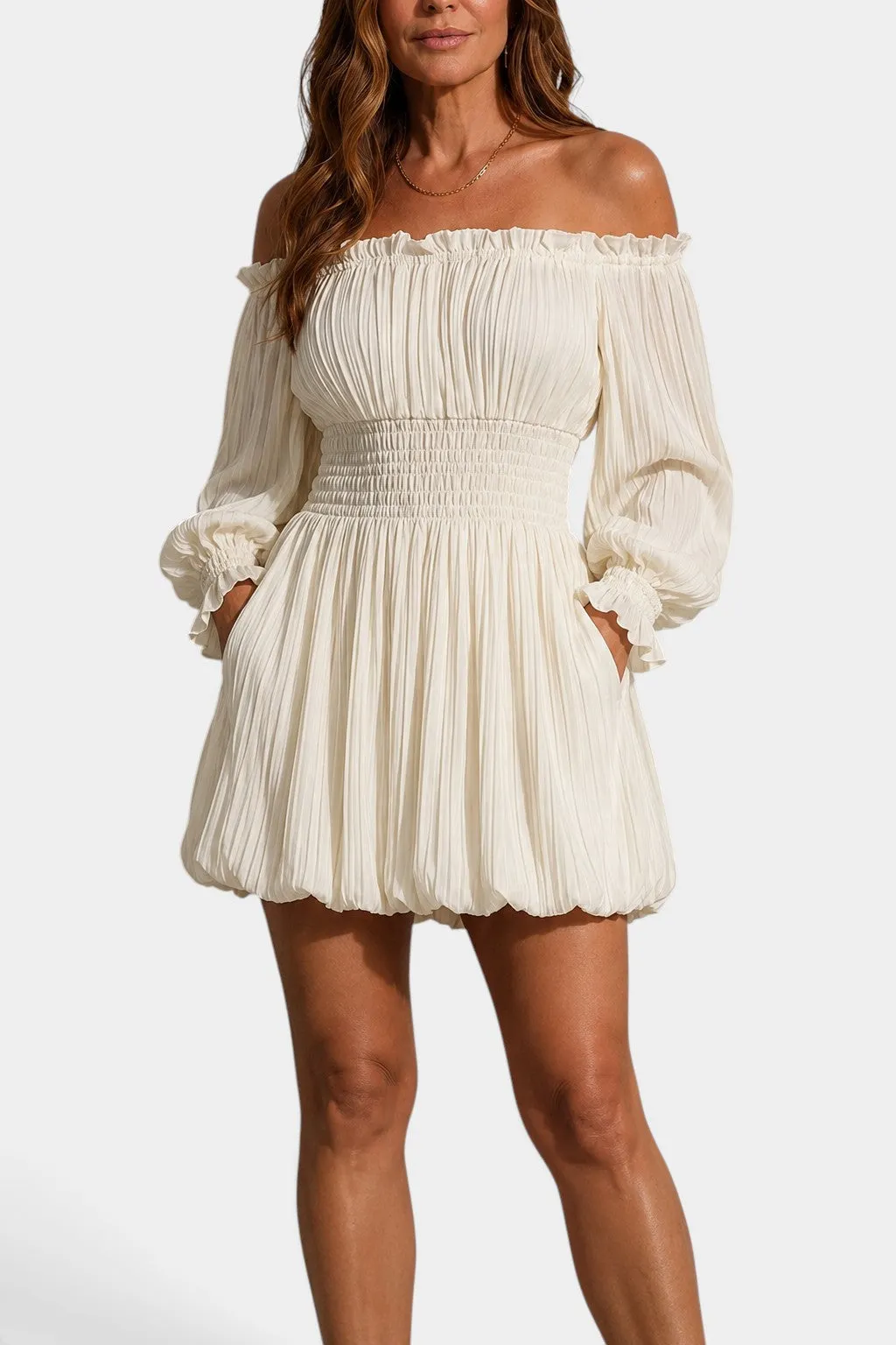 Off-Shoulder Pleated Mini Dress with Puff Sleeves