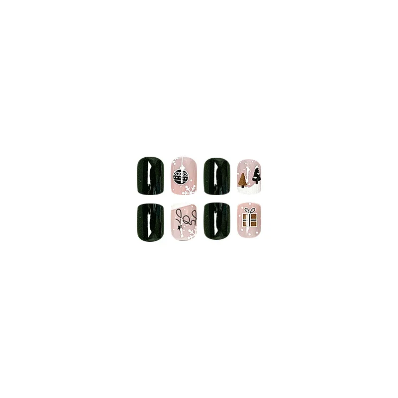 Churchf Lovely Christmas Tree Nail Dark Green White Snow Fake Nails Short European Square Nail Removable