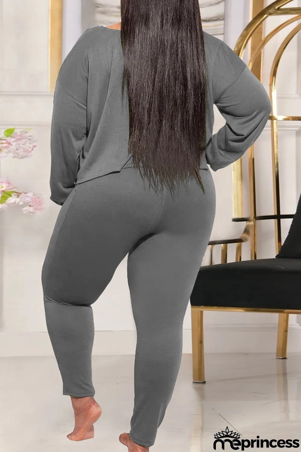 Grey Casual Solid Split Joint O Neck Plus Size Two Pieces