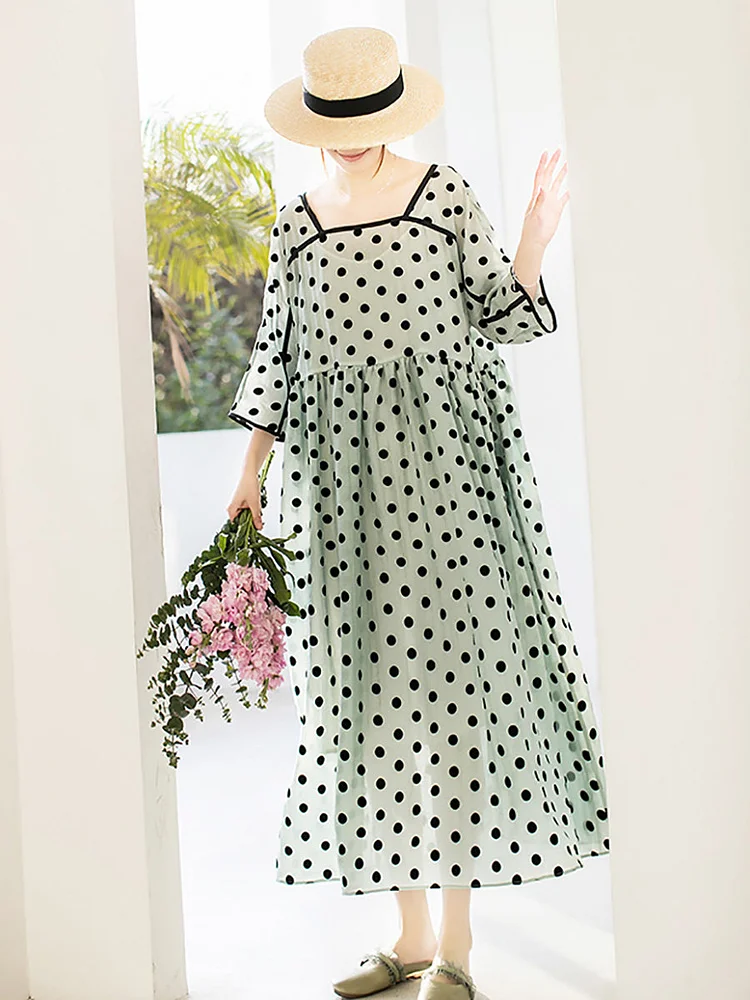 Women Summer Vintage Dot Spliced Drawstring Pleat Dress