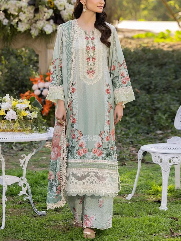 Round Neck Lace Flower Embroidery Top and Pants Suit
