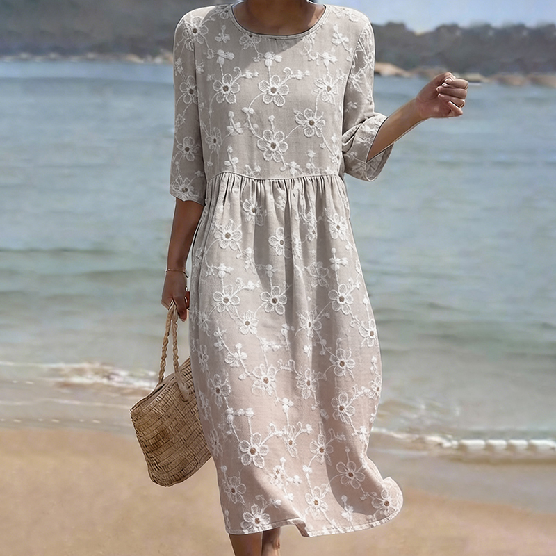 Women's Floral Art Pattern Linen Blend Loose Three-quarter Sleeve Dress wearshes