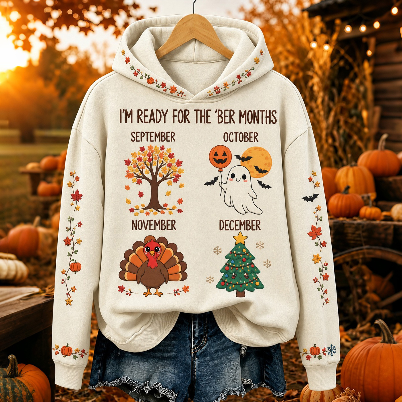 Comstylish Women's I'm Ready For The Ber Months Fall Pumpkin Turkey Snowman Print Pocket Hoodie