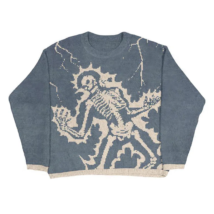 Blue Loose Skeleton Bone Printing Streetwear Vintage Knitted Sweater at Hiphopee