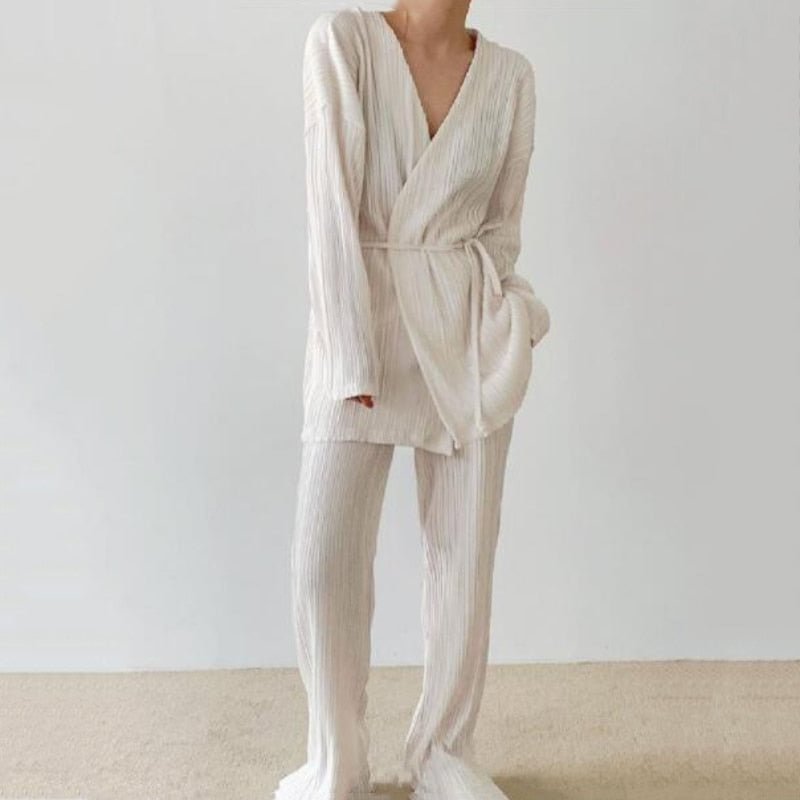 Msfancy Pant Sets Women 2021 V-neck Long Sleeve Lace-up Shirt High Waist Wide Leg Pant Mujer 2 Piece Set Casual Pajamas