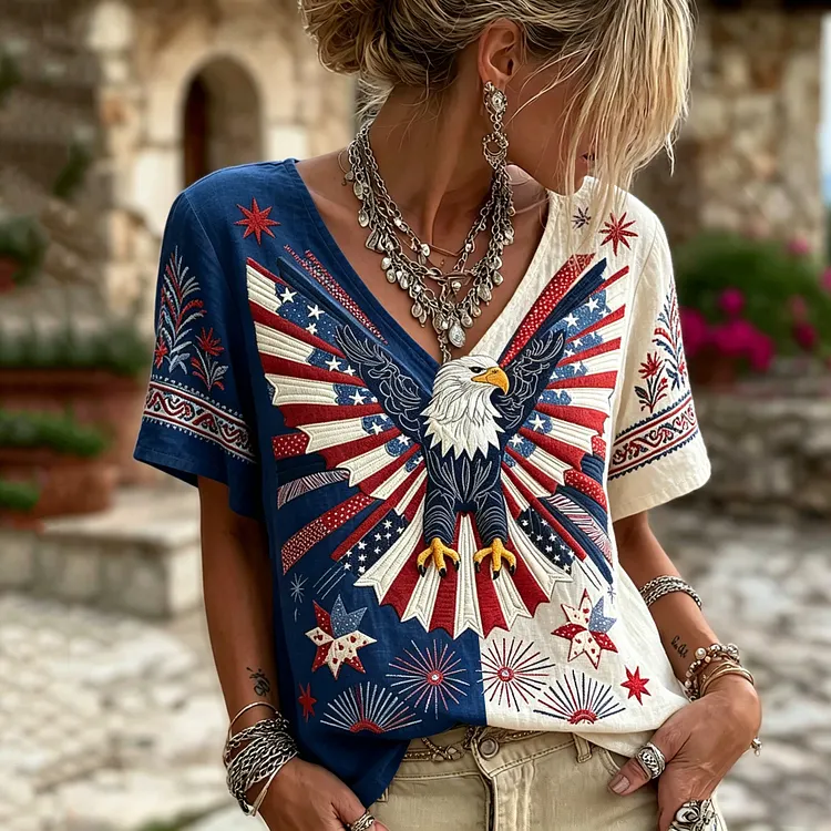 Women's Independence Day Eagle V-neck Linen Blend T-shirt