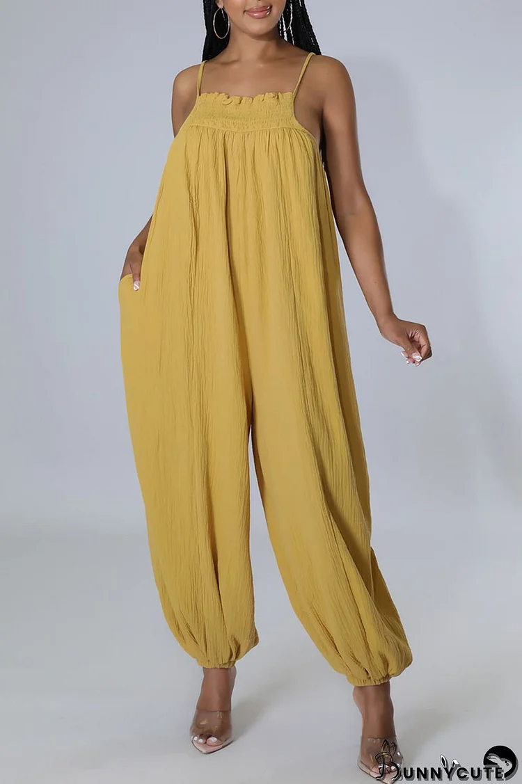 Yellow Casual Solid Patchwork Spaghetti Strap Straight Jumpsuits