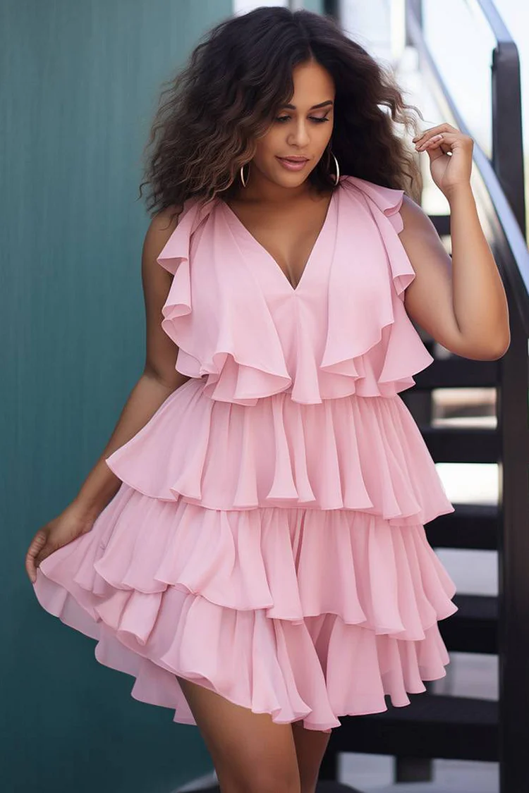 Xpluswear Design Plus Size Wedding Guest Pink V Neck Ruffle Tiered Chiffon Mini Dresses [Pre-Order]