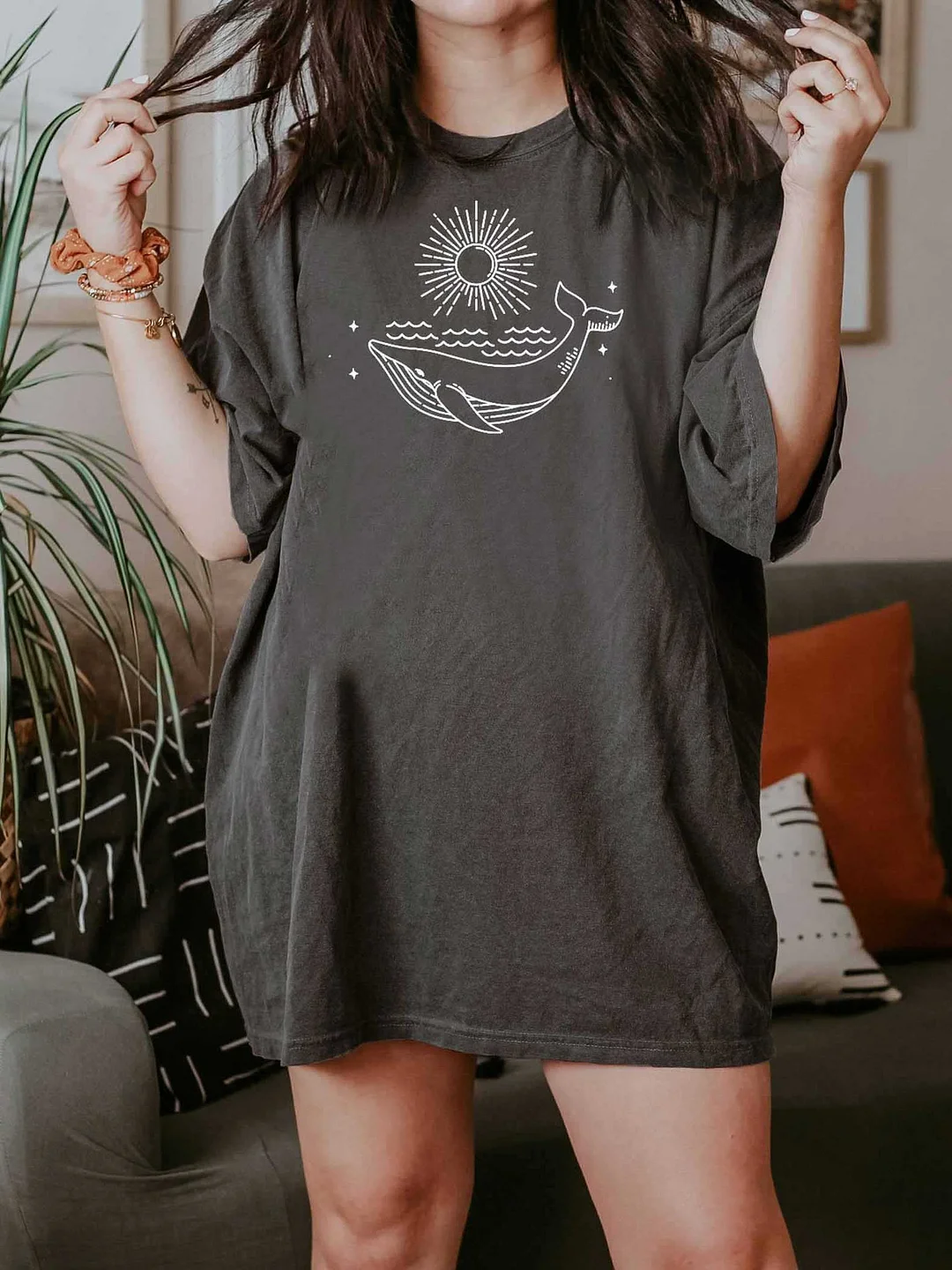 Women's Whale Sun Print Loose T-Shirt / DarkAcademias /Darkacademias