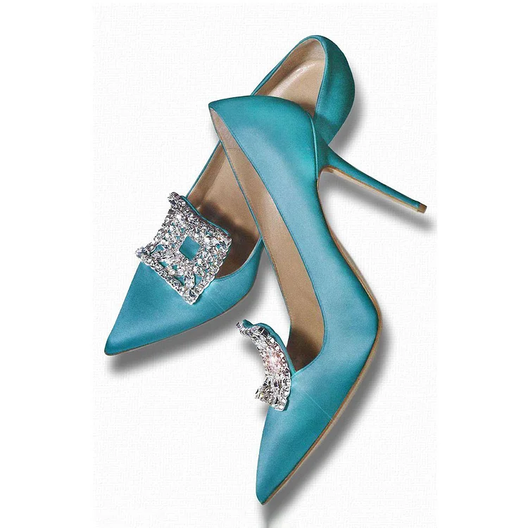 Blue Satin Wedding Shoes Pointy To Stiletto Heel Crystal Pumps |FSJ Shoes