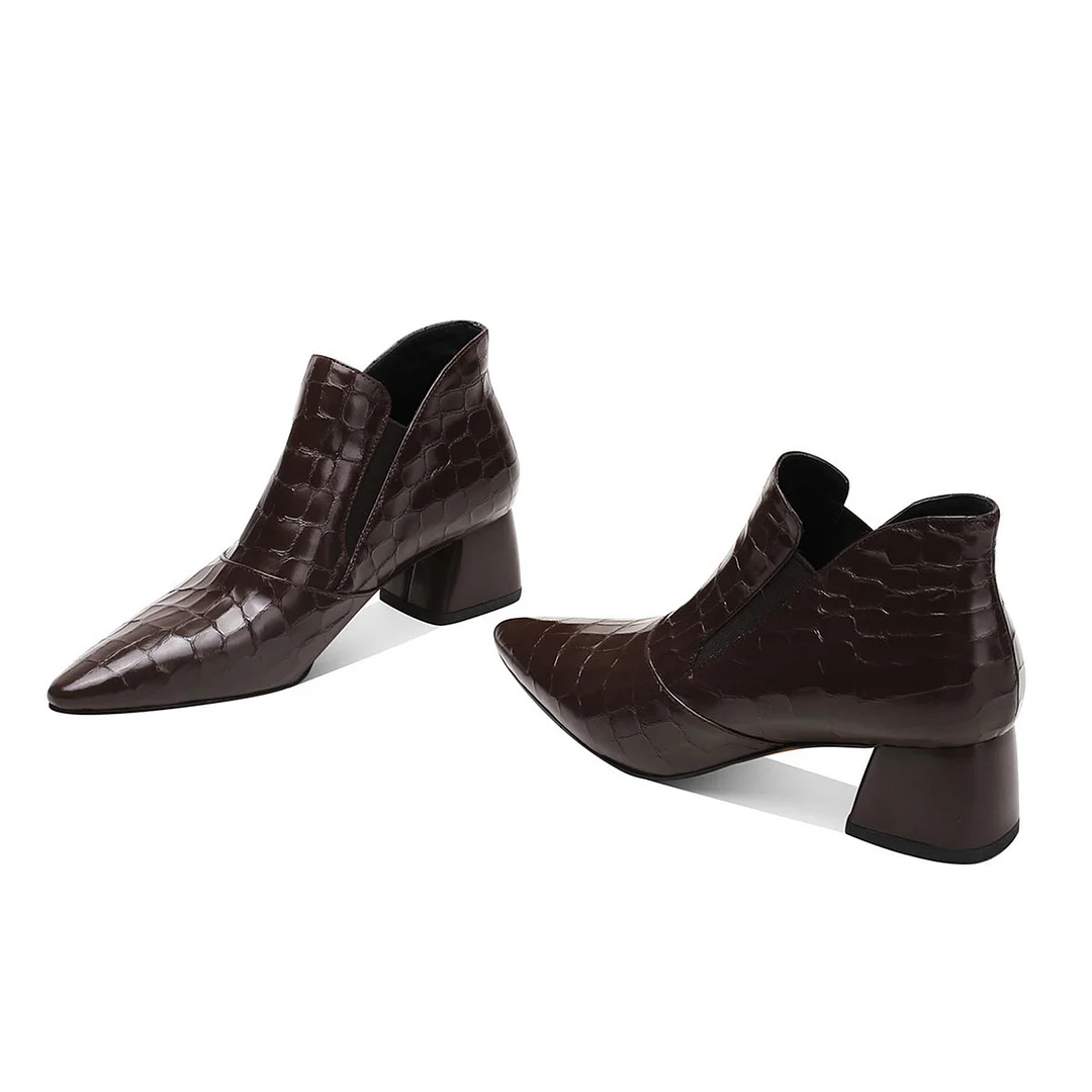 Brown Crocodile Embossed Chunky Heel Pointed Toe Booties for Women