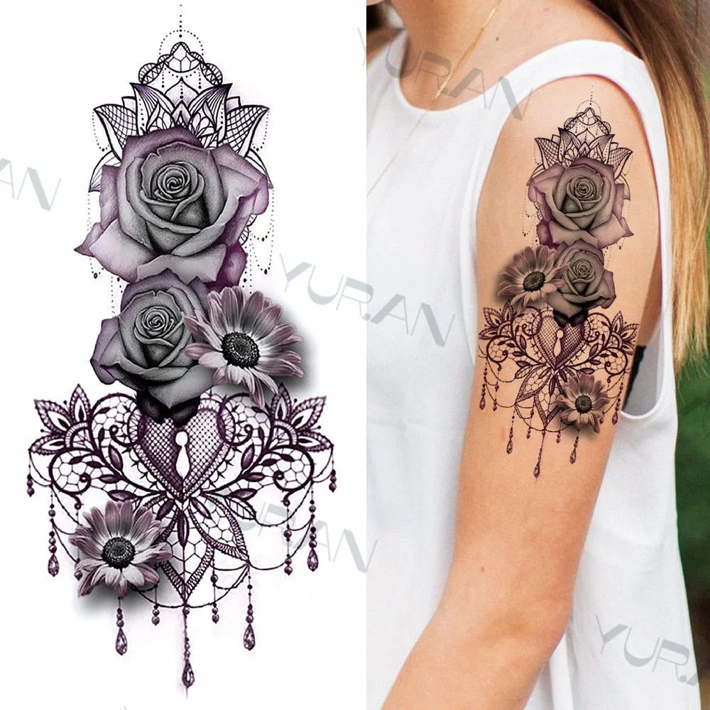 Black Large Snake Flower Fake Tattoo Sticker For Women Dot Rose Peony Temporary Tattoos DIY Water Transfer Tatoos Girls