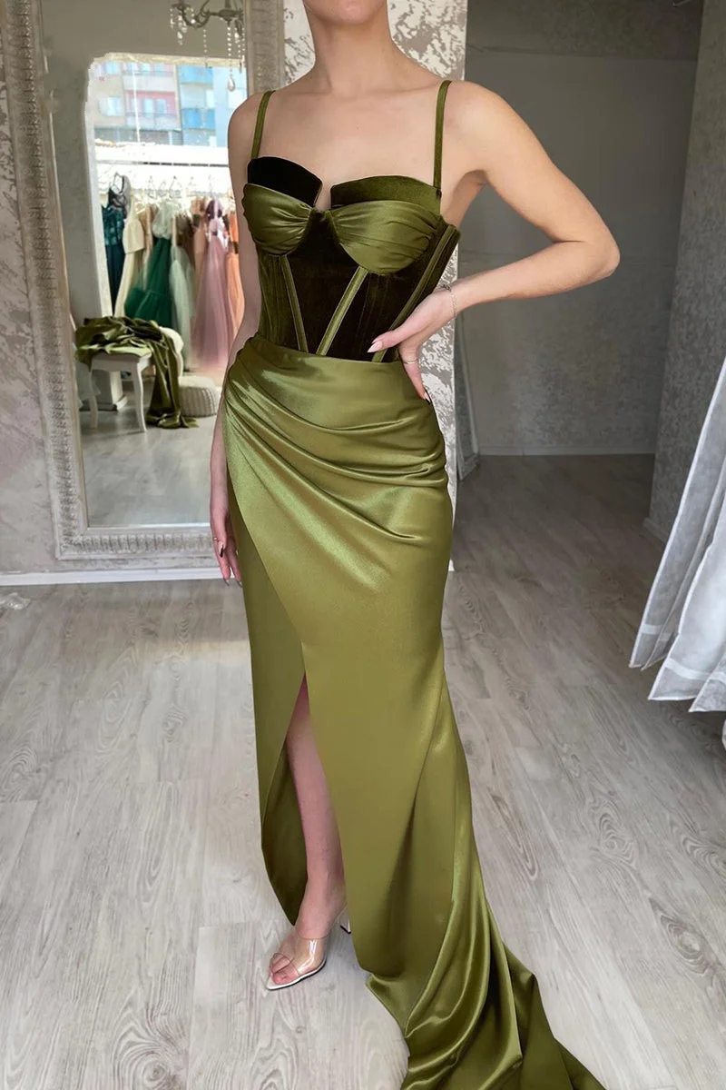 Pretty Olive Green Mermaid Spaghetti Straps Prom Dress With Slit | Ballbellas Ballbellas