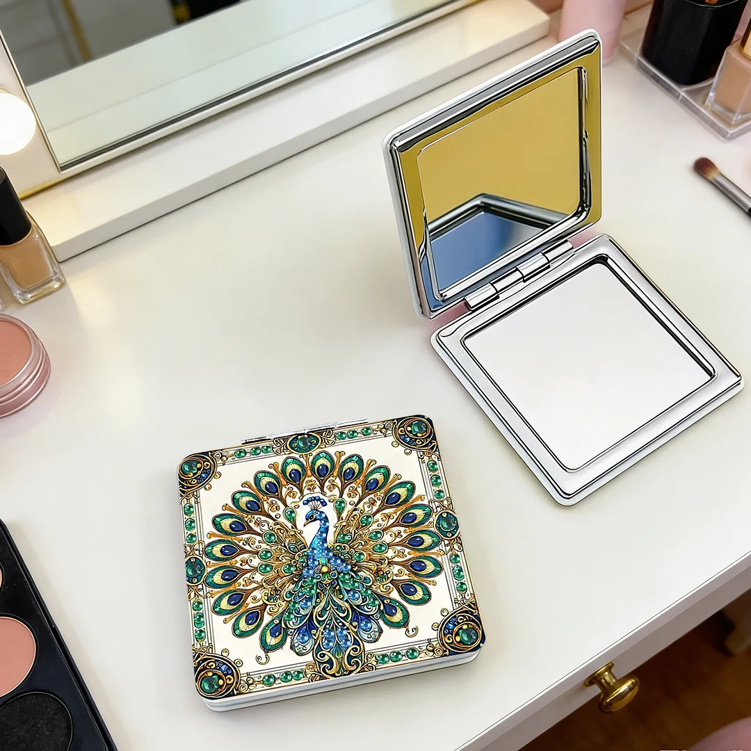 Green Peacock DIY Special Shaped Diamond Painting Compact Mirror Kits Diamond Art Painting Pocket Mirror for Adults and Beginners
