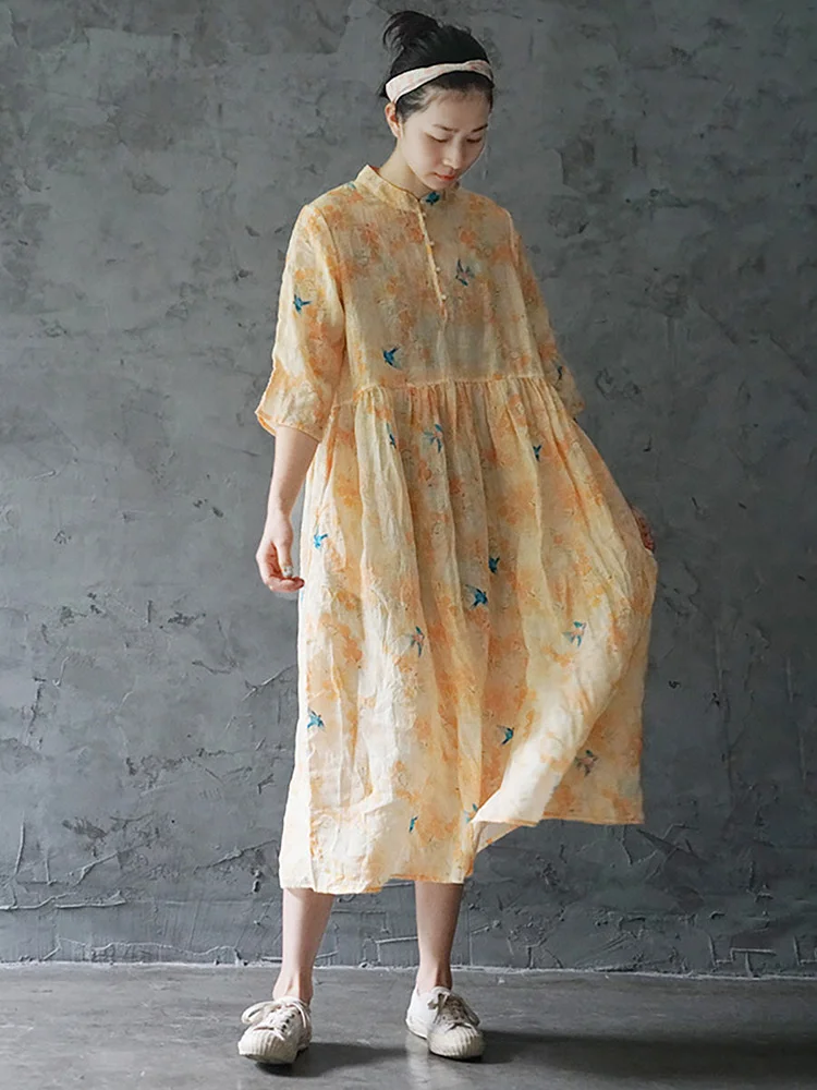 Plus Size Ramie Floral Vintage Women Summer Roomy Dress
