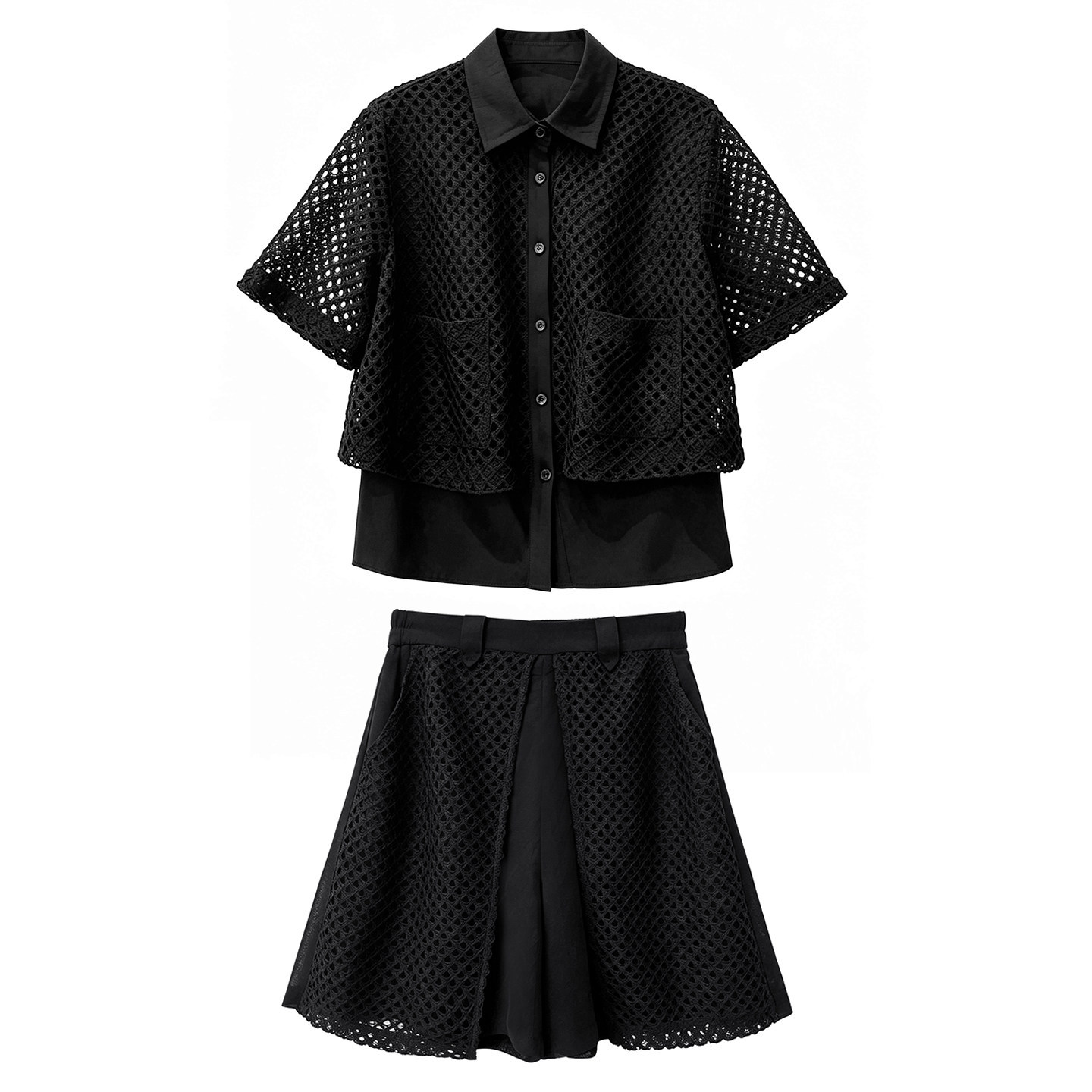 Minimalist style hollow mesh shirt&elastic waist shorts set