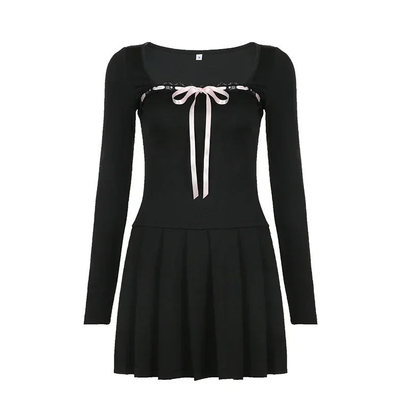 Huibahe Black Square Collar Long Sleeve Elegant Lace-up Bow A-line Mini Dress Women Short Dresses Autumn Aesthetic Clothes Korean