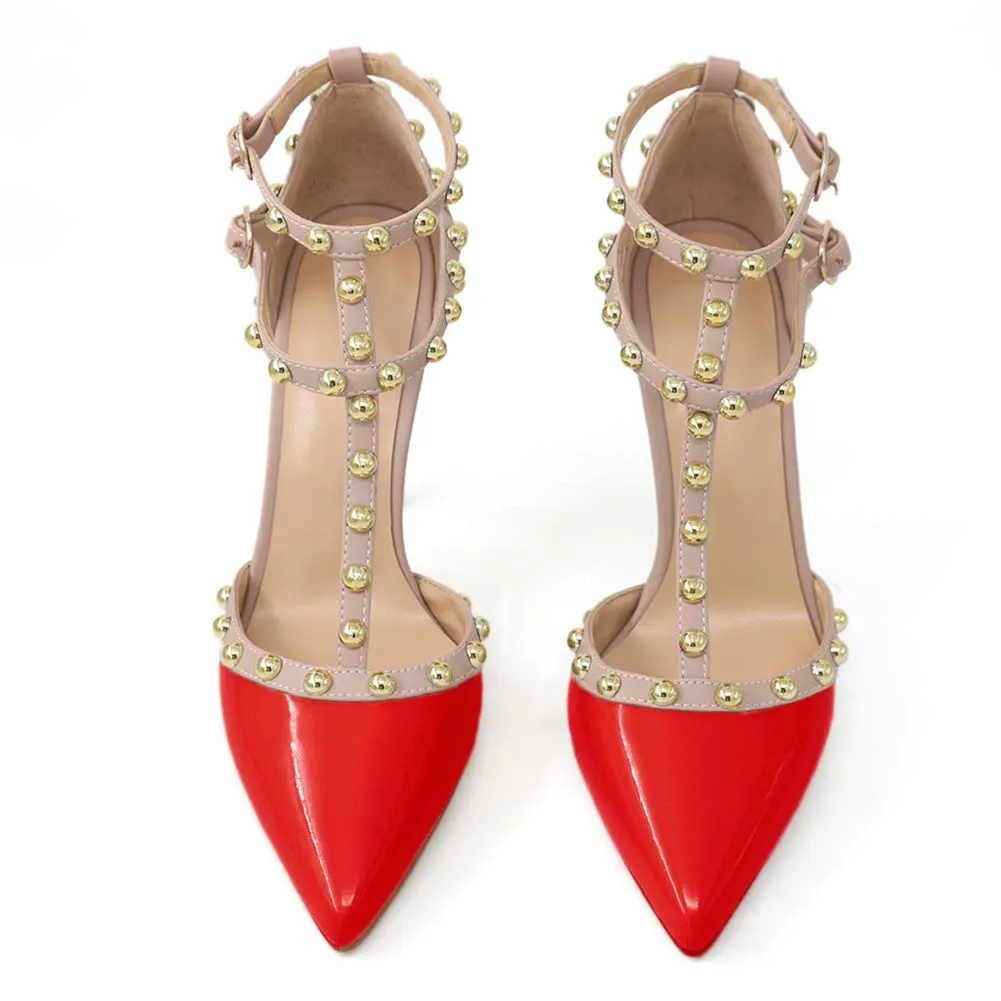 100mm Womens Pointed Toe Pumps Round Rivets Ankle Strap Sandals-vocosishoes