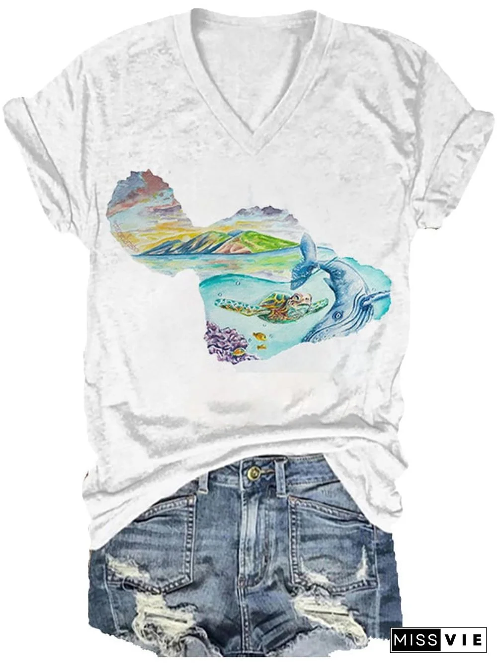 Women's Watercolor Maui Ocean Turtle And Whale Print V-Neck T-Shirt