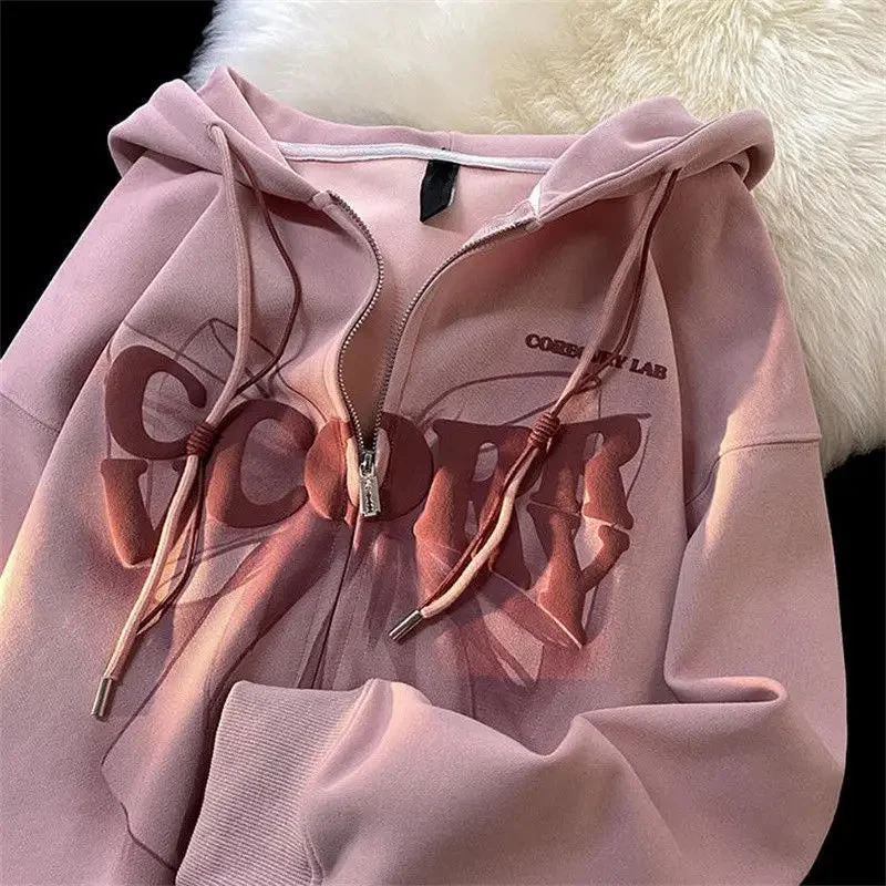 Tlbang Hip Hop Oversized Zip Up Hoodies Women Harajuku Grunge Graphic Print Sweatshirts Thin Couple Tops Coats Kpop Streetwear