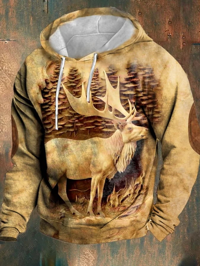Men's Retro Casual Elk Print Hoodie
