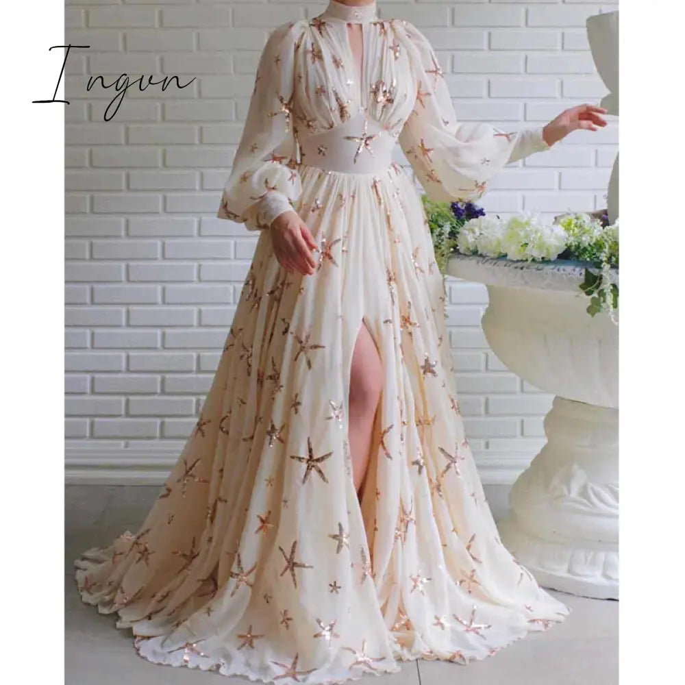 Ingvn - Elegant Women Party Chiffon Dress Sequined Detail Design Slim Waist Classy Formal High Slit