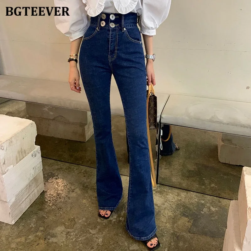 BGTEEVER Chic High Waist Buttons Flare Jeans Pants for Women Casual Ladies Denim Blue Trousers 2021 Spring Summer Pantalon