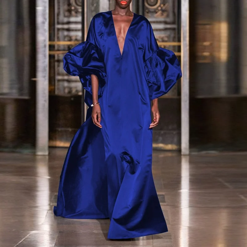 VONDA 2022 Summer Women Lantern Sleeve Dress Bohemian Vestidos Loose Solid V Neck Spring Party Sundress Satin Silk Robe Oversize