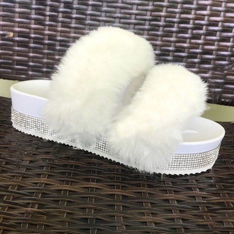 Women Fur Slippers Rhinestone Wedges Heelplatform Fluffy Soft Furry Slides Outdoor Beach Luxury Sexy Shoes Ladies Female Whosale