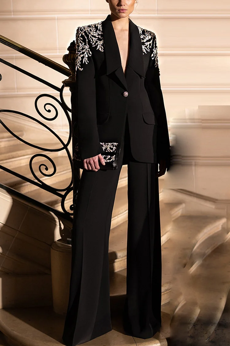 Beaded Embellished Lapel One Button Two Piece Pant Suit-Black
