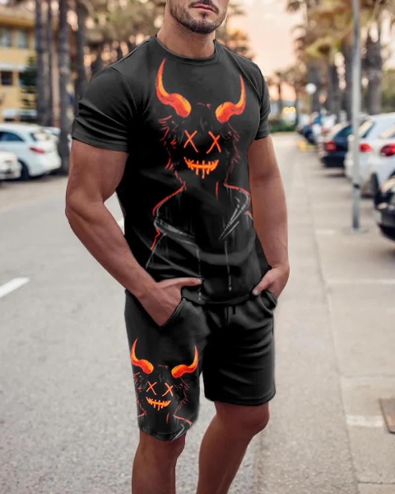 Men's Orange Devil Printed Sports Shorts Suit