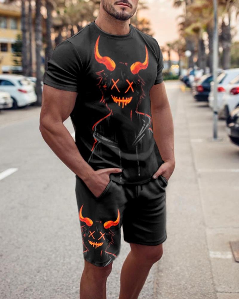 Men's Orange Devil Printed Sports Shorts Suit
