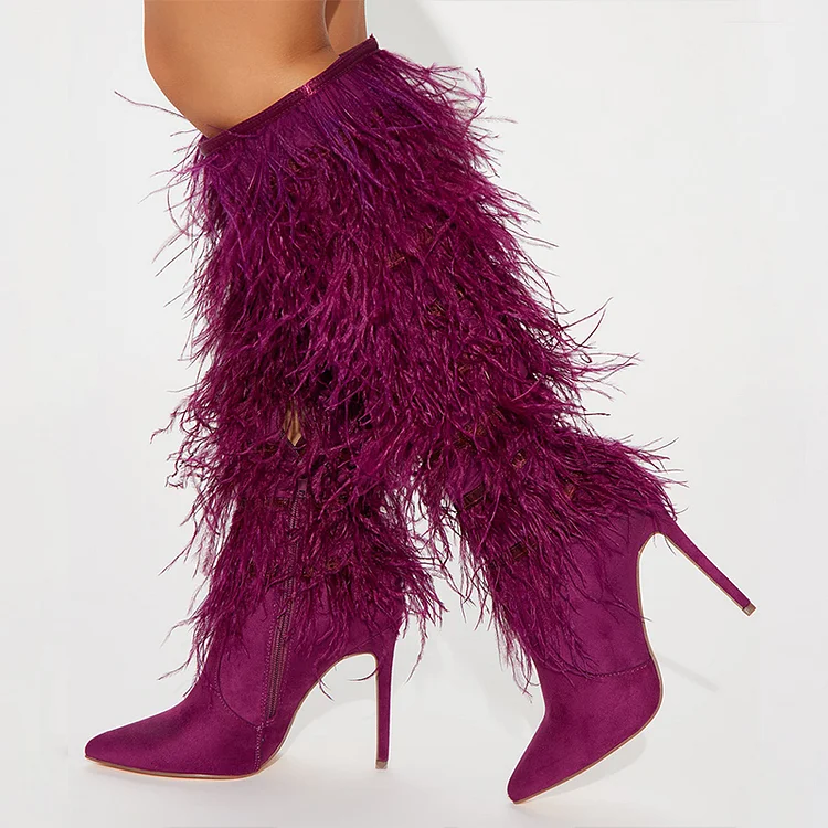 Plum Faux Ostrich Feather Pointed Toe Stiletto Heel Knee-high Boots |FSJ Shoes