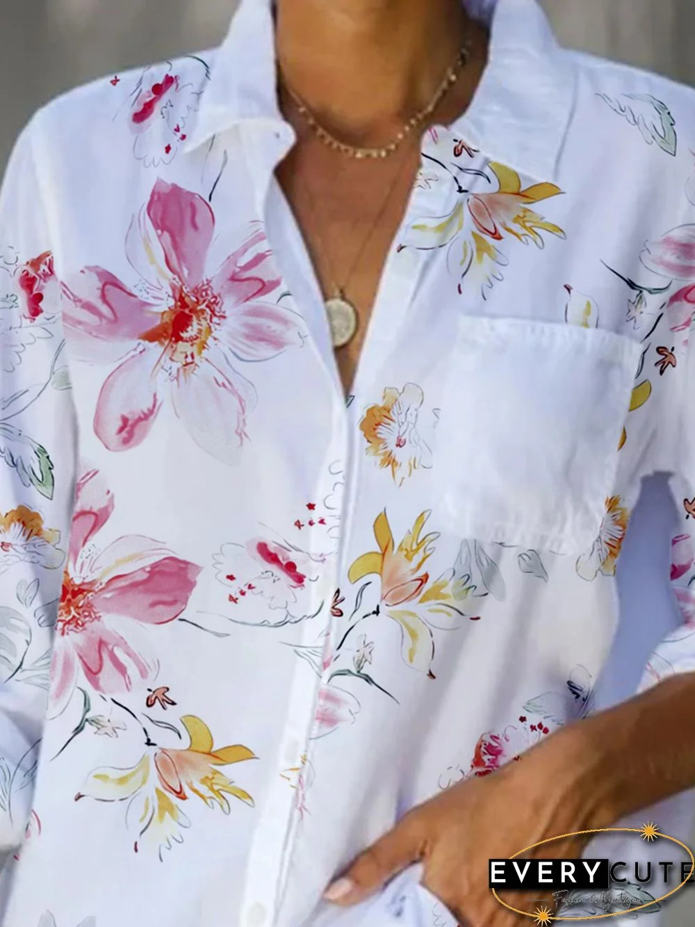 Floral Long Sleeve Pocket Buttoned Plus Size Casual Shirts