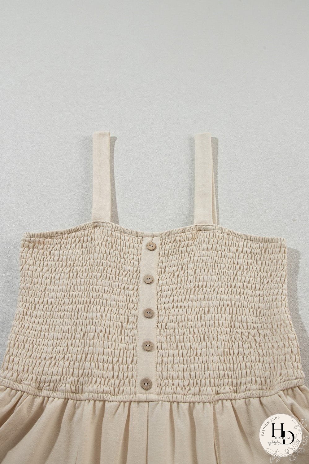 Beige Smocked Button Detail Sleeveless Romper