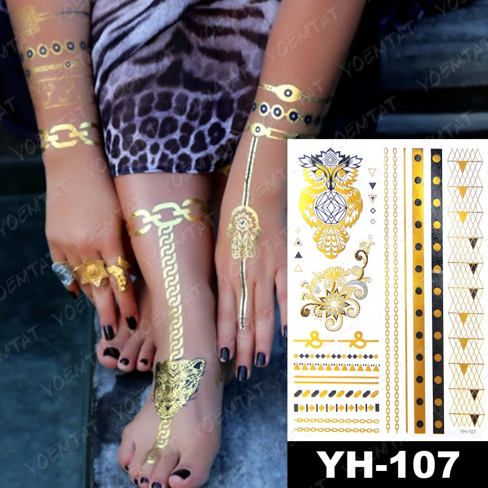 Waterproof Temporary Tattoo Sticker Gold Silver Henna Indian Hand Painted Glitter Tattoos Women Mandala Flower Feather Body Art