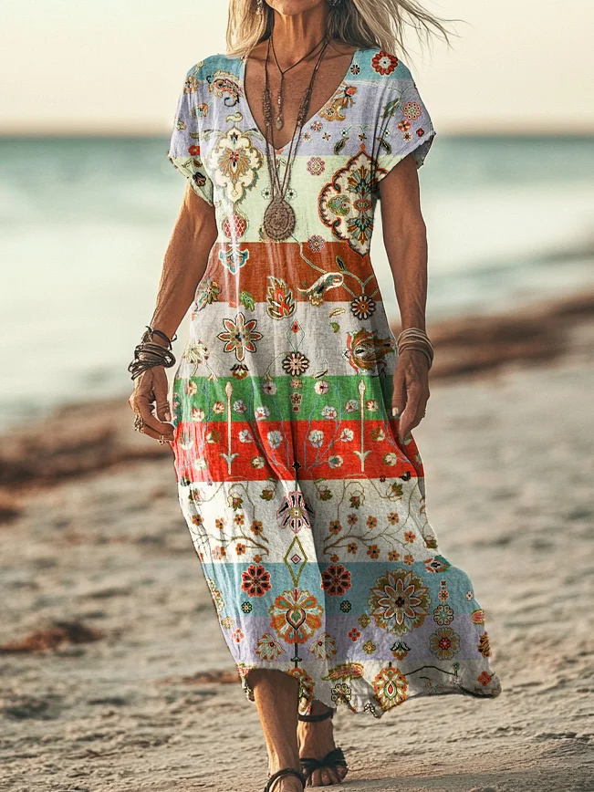 Women's Vintage Ethnic Floral Art Print Short Sleeve Pocket Cotton Linen Dress