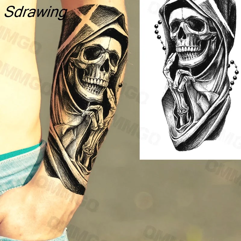 Sdrawing Rose Flower Skeleton Temporary Tattoos For Women Adult Girl Lion Tiger Crown Fake Tattoo Body Art Painting Tatoo Decal