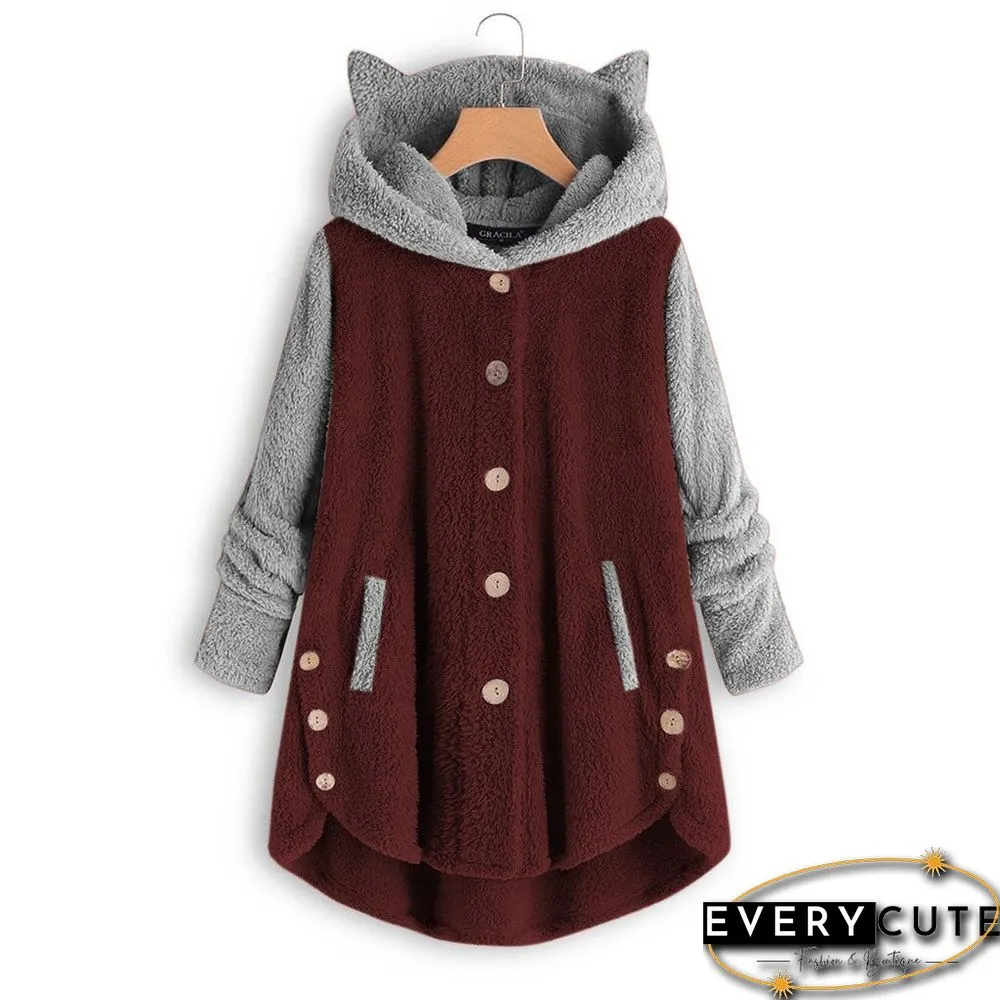 Autumn And Winter Button Hooded Cat Ears Plush Top Irregular Color Matching Coat Women