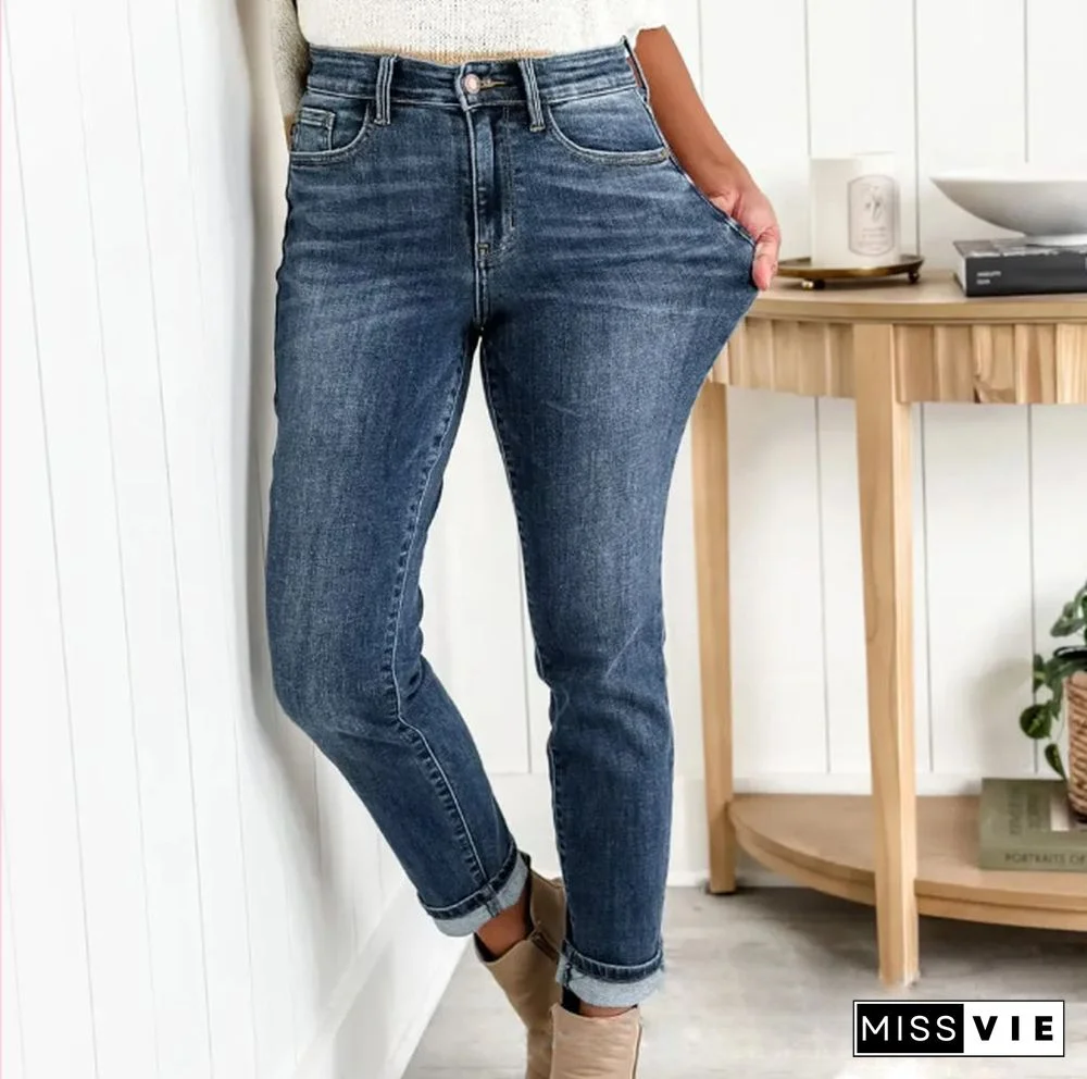 Blue Plain Casual Denim Jeans