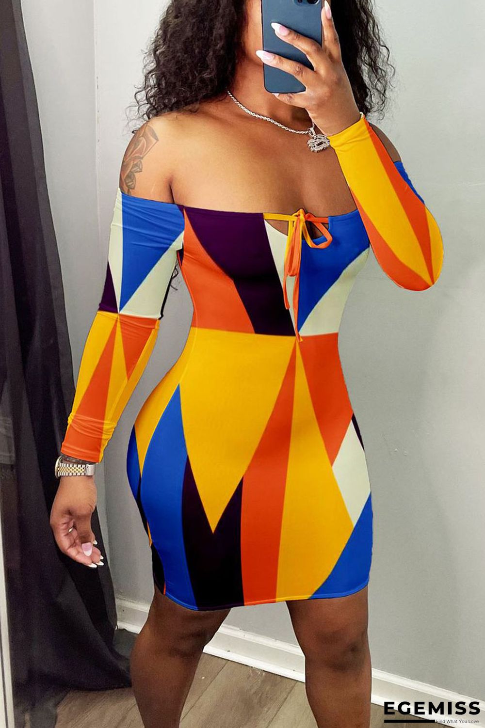 Multi-color Sexy Geometric Print Patchwork Off the Shoulder One Step Skirt Dresses | EGEMISS