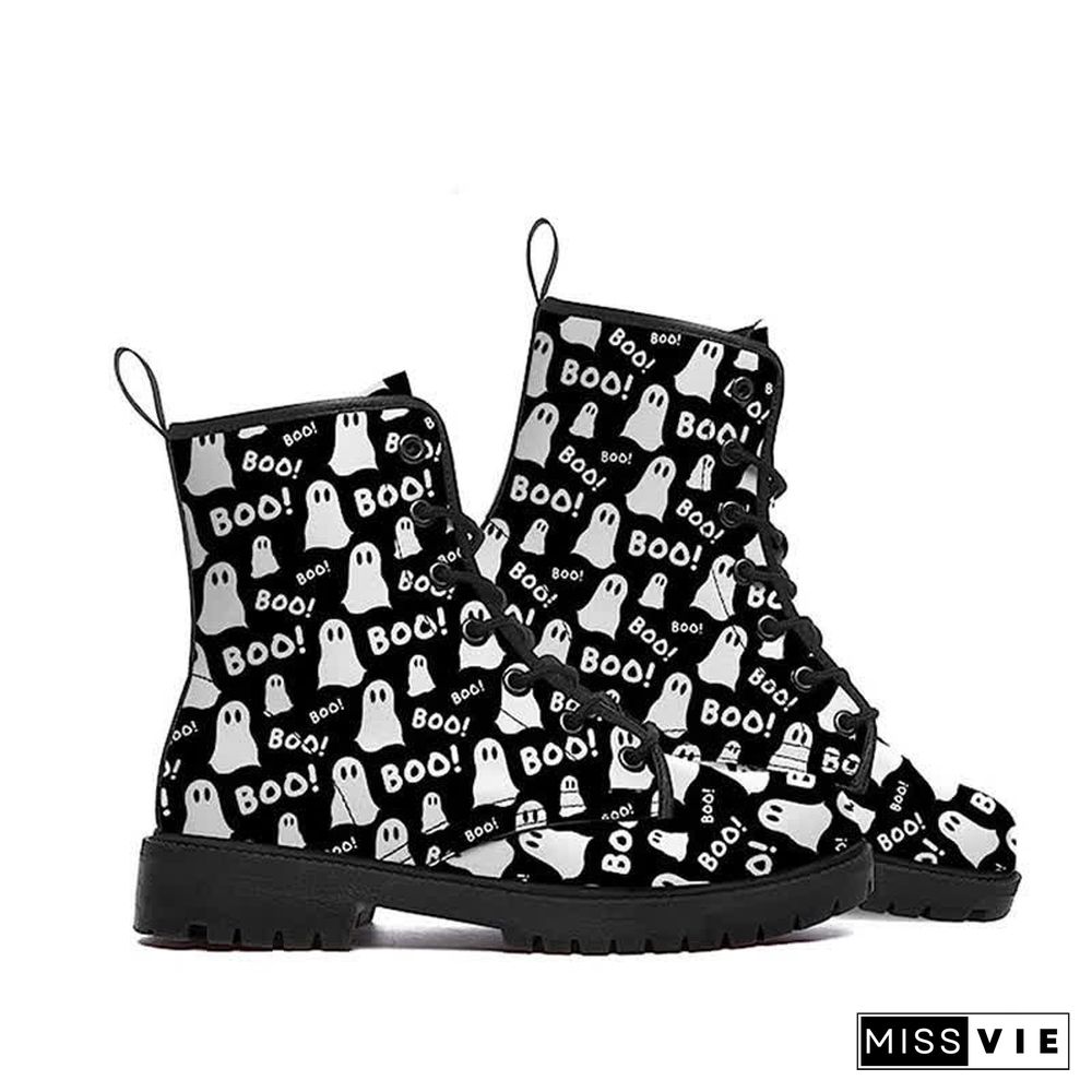 Halloween Dark Ghost Pumpkin Print Lace Up Boots