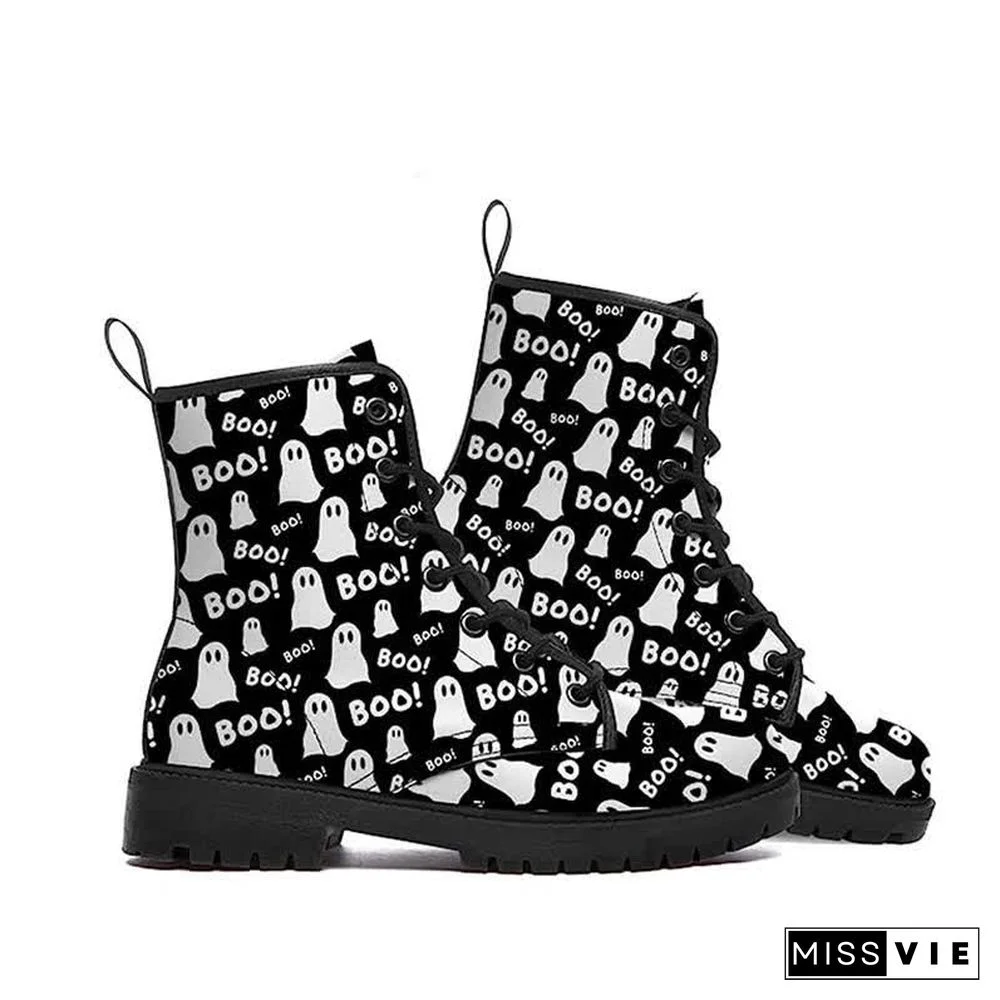 Halloween Dark Ghost Pumpkin Print Lace Up Boots