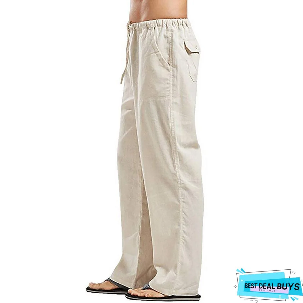 Men's Linen Pants Trousers Summer Pants Beach Pants Wide Leg Plain Breathable Full Length Work Daily Beach Linen / Cotton Blend Fashion Casual Loose Fit Black White