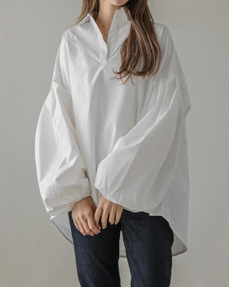 Asymmetric Hem V Neck Loose Long Sleeve Shirt