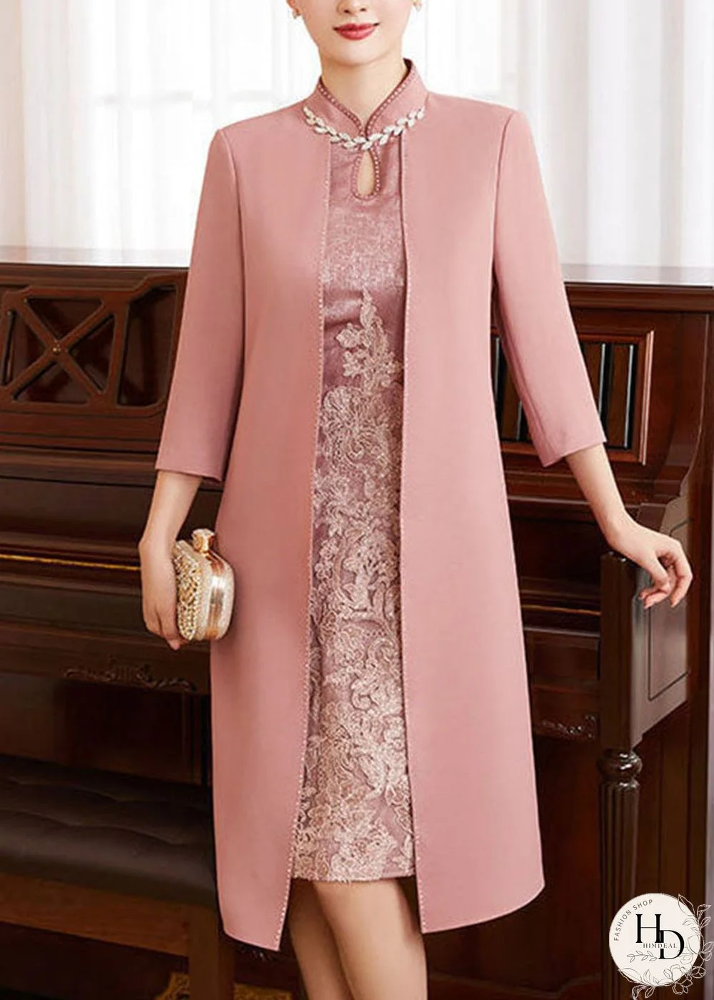 French Pink Stand Collar Embroideried Patchwork Zircon Silk Cheongsam Dresses Long Sleeve