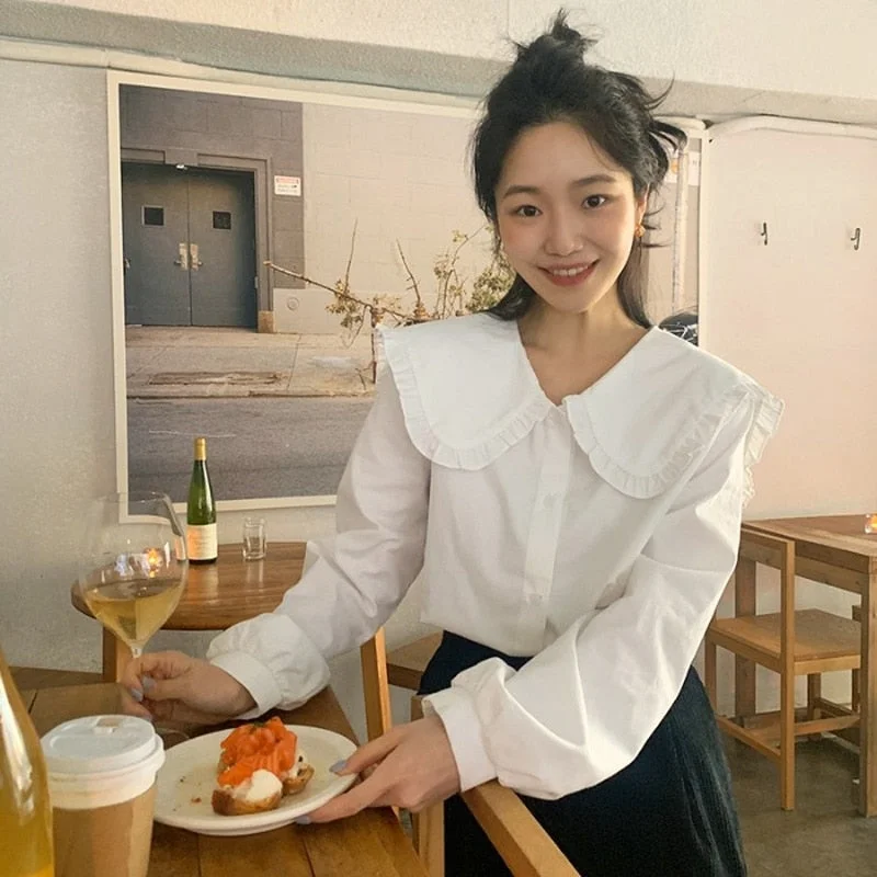 Chic Turn-down Collar Vintage Cotton Shirt Female Long Sleeve White Blouse Women Oversized Woman Blouses Tops Femme Blusas 14836