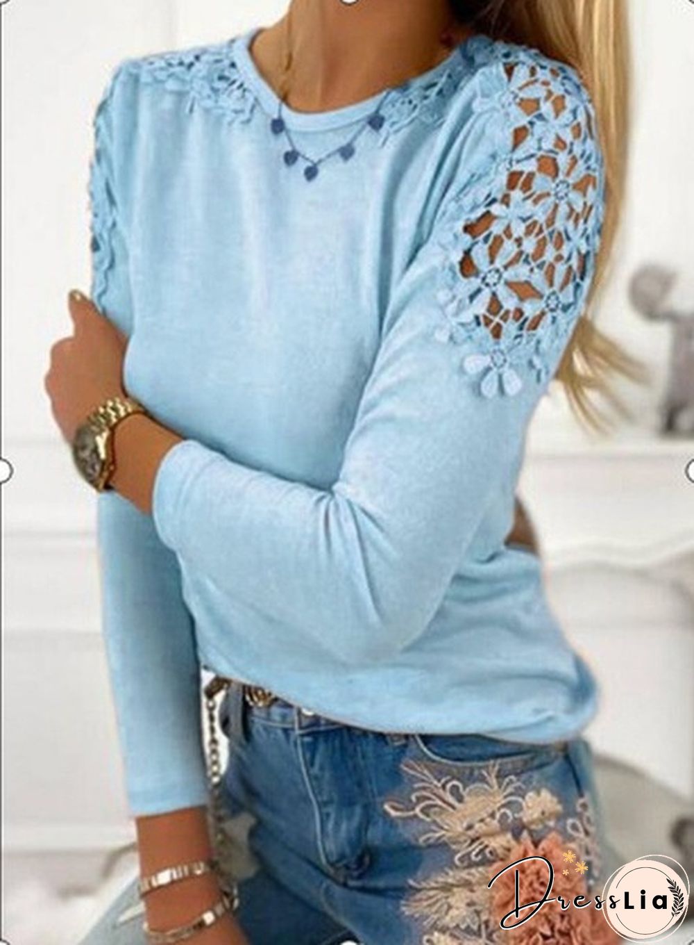 Women's T-shirt New Fashion Women's Lace Sleeve Round Neck XS-5XL Plus Size Casual T-shirt Loose Soft Solid Color Top