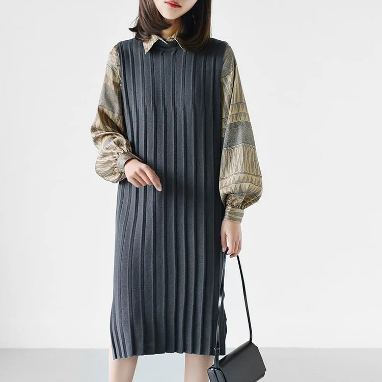 Gray knitted pleated dresses oversize high neck sleeveless dress