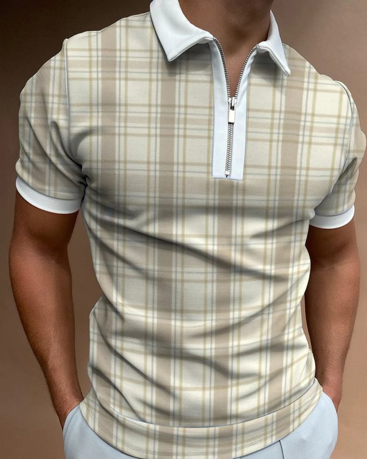 Checked texture color block polo shirt